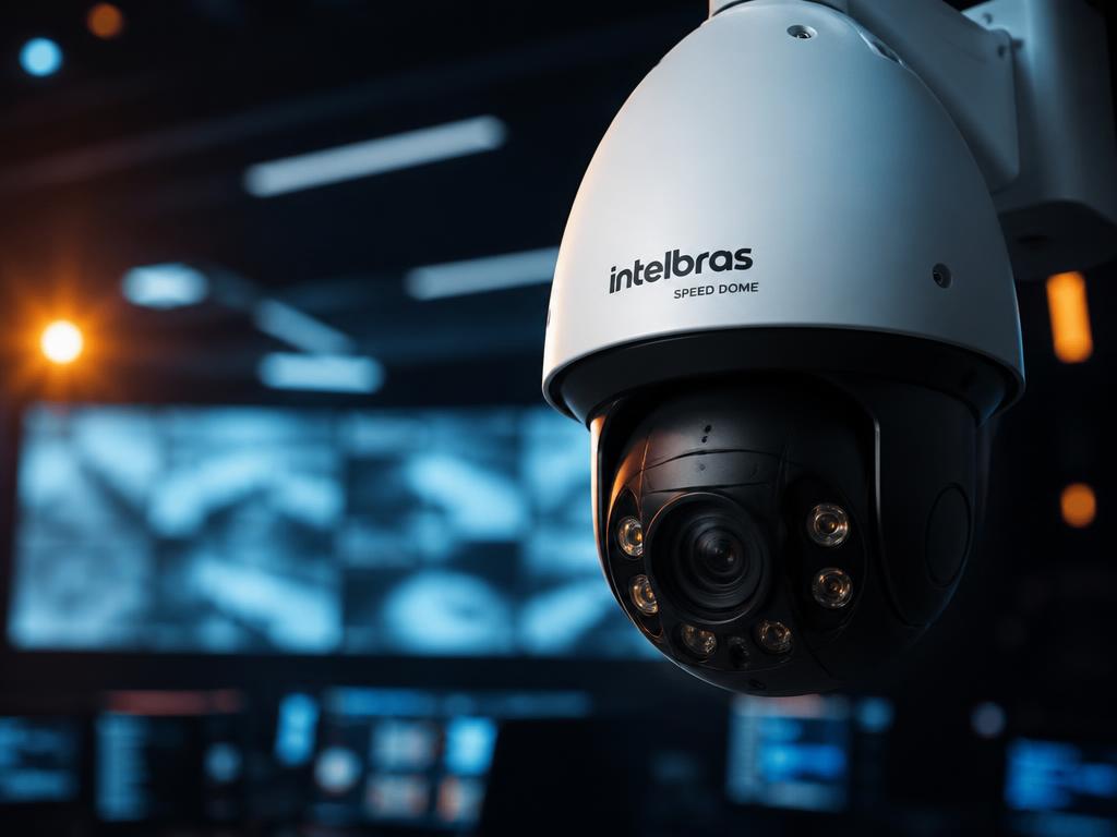 Câmera Intelbras Speed Dome moderna em cenário cinematográfico de segurança