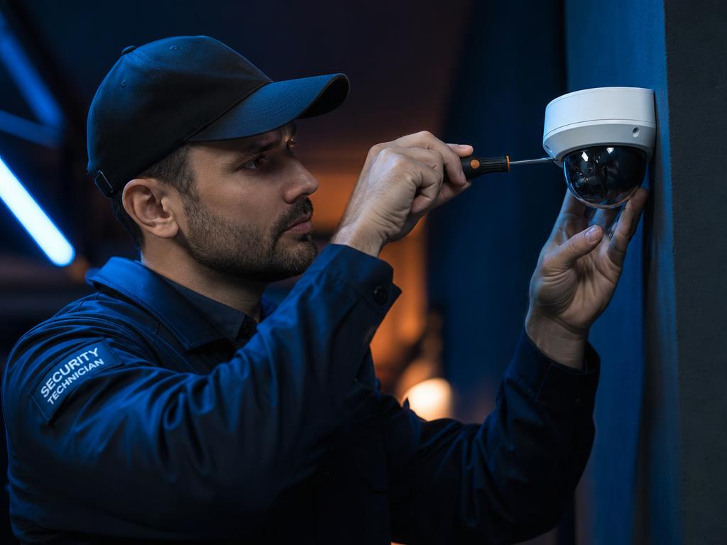 Técnico da SystemSeg instalando sistema de CFTV